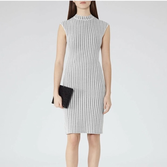 Reiss Dresses & Skirts - Reiss Vienna Jersey Knit Mock Neck Dress Black White Bodycon Back Zip